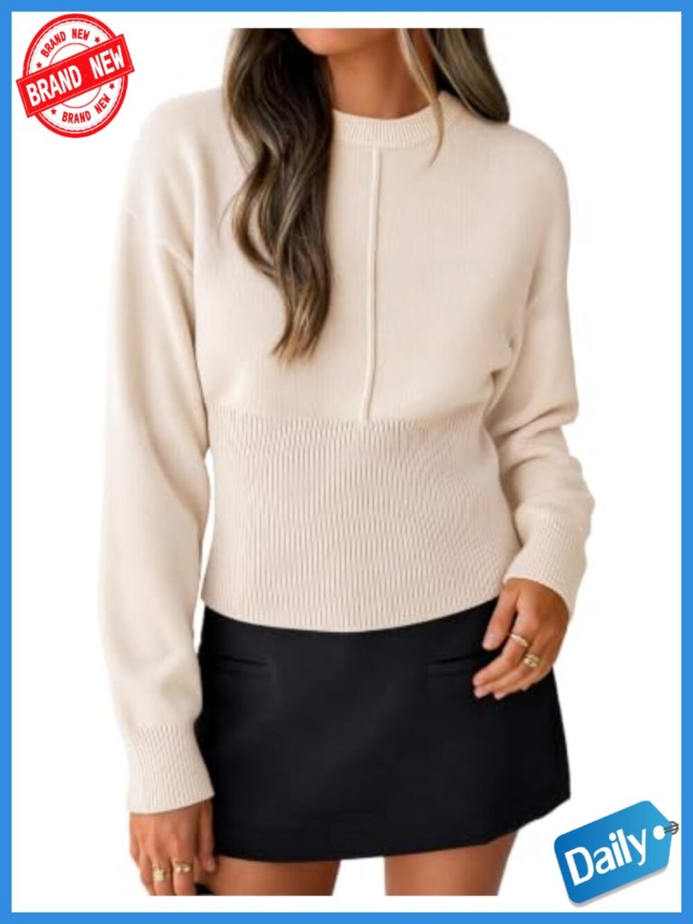 Women's Ribbed Knit Long Sleeve Crewneck Sweater with Cinched Waist - Picture 1 of 6